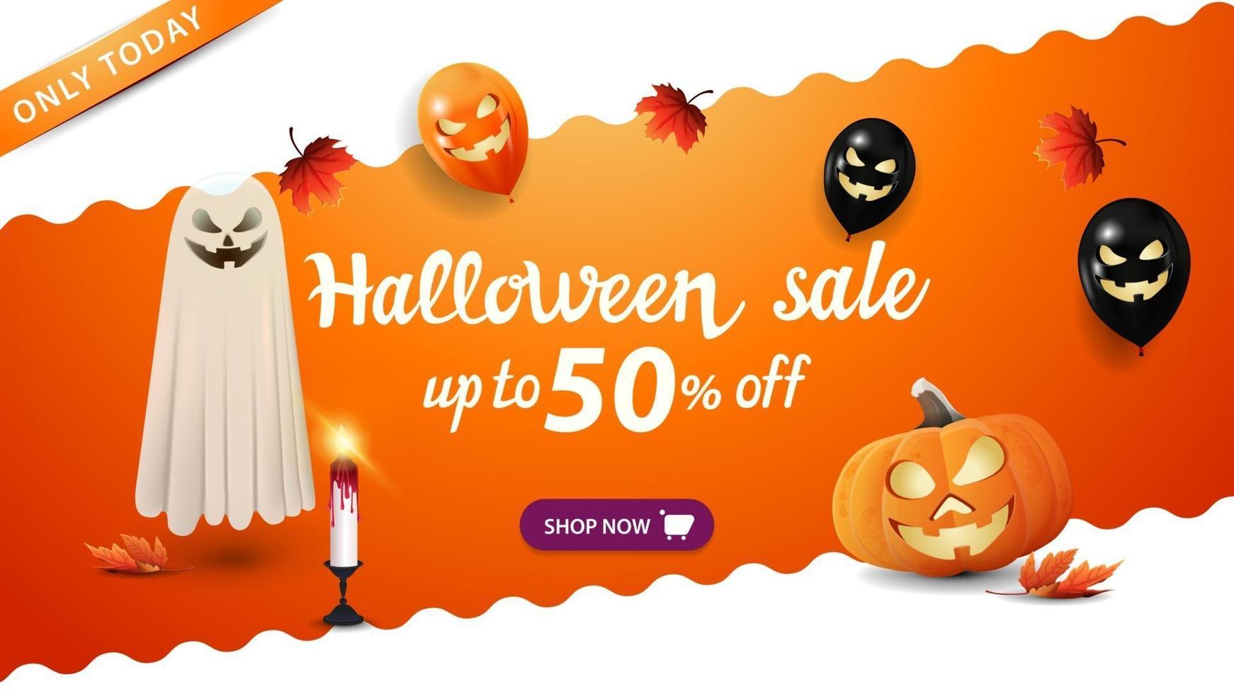 Halloween sale, up to 50 off, orange banner with ghost, pumpkin Jack, Halloween balloons and autumn leafs vector