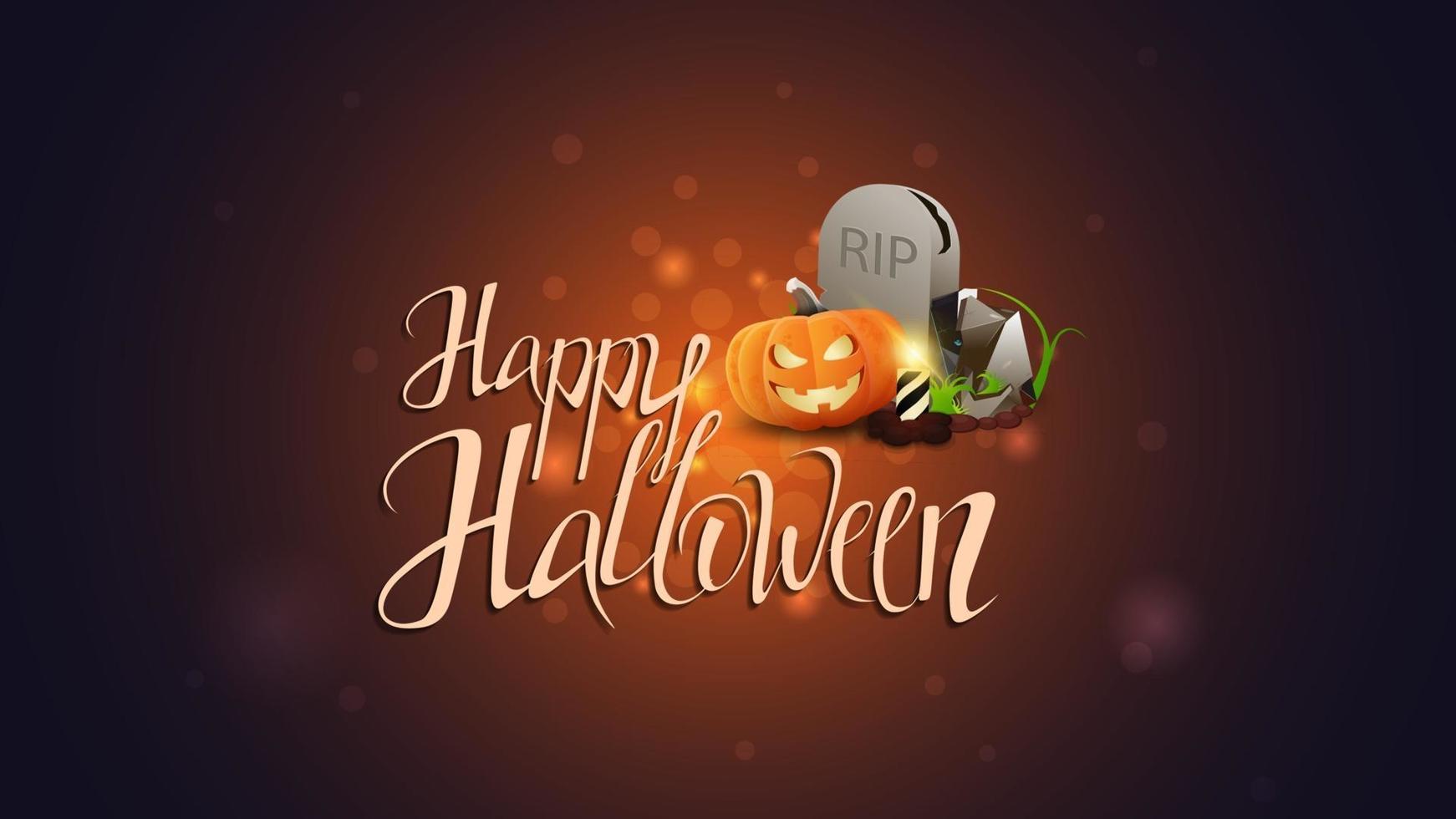 Happy Halloween, postcard with beautiful lettering, tombstone and pumpkin Jack vector