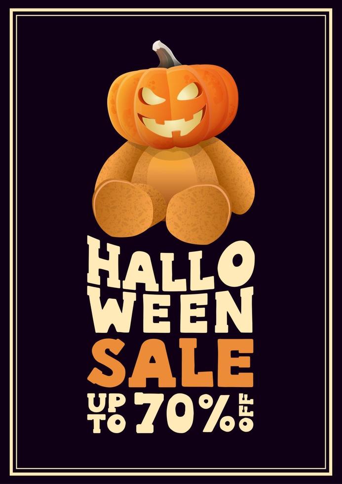 Halloween sale, up to 70 off, discount vertical typographic style poster with Teddy bear with Jack pumpkin head vector