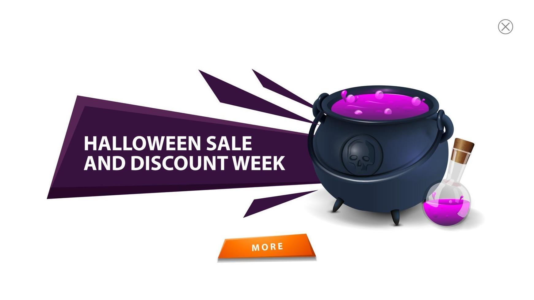 Venta de Halloween y semana de descuentos, un moderno descuento morado emergente para su sitio web con caldero de brujas con poción. emergente para su arte aislado sobre fondo blanco vector