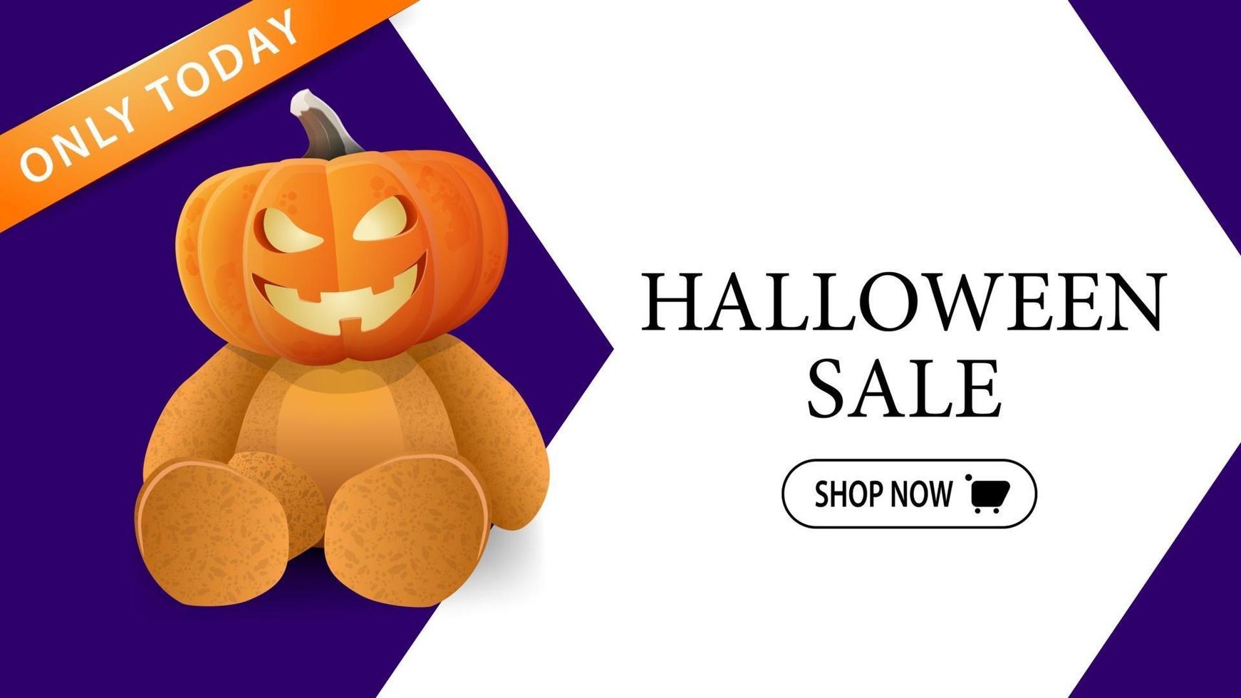 Venta de Halloween, banner de descuento moderno para su sitio web con una gran flecha en el fondo y un oso de peluche con cabeza de calabaza. vector