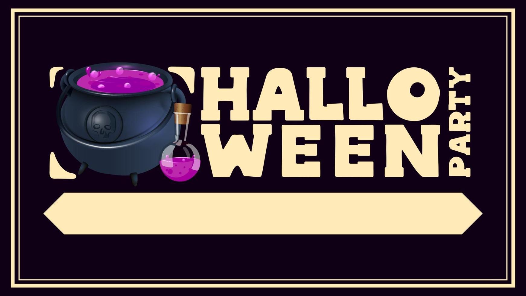 fiesta de halloween, cartel horizontal en estilo tipográfico con caldero de bruja con poción vector