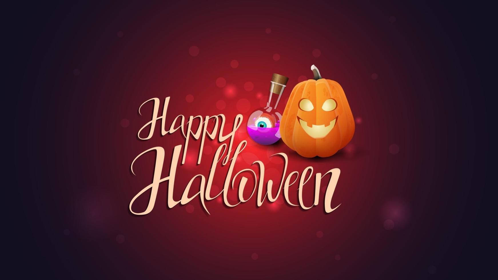 feliz halloween, postal con hermosas letras, calabaza y poción de bruja vector