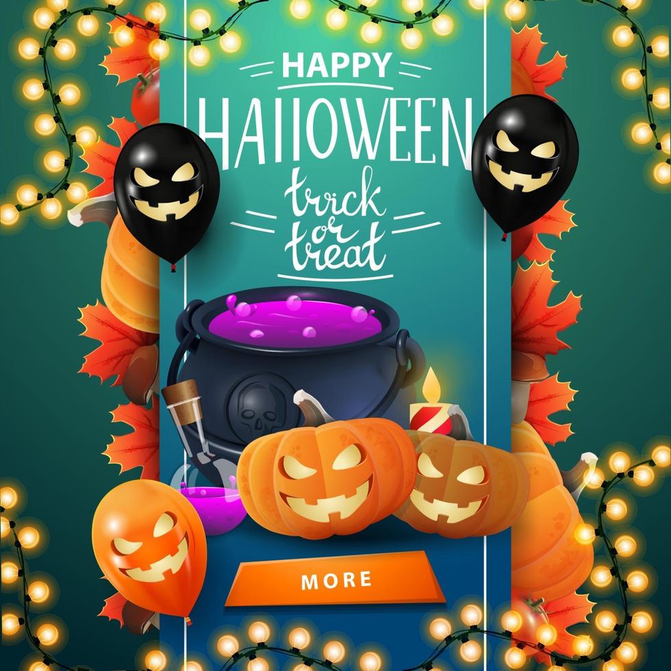 feliz halloween, truco o trato, tarjeta de felicitación cuadrada verde para sitio web con cinta vertical con decoración de halloween, botón, globos de halloween, guirnalda, caldero de brujas y gato de calabaza vector