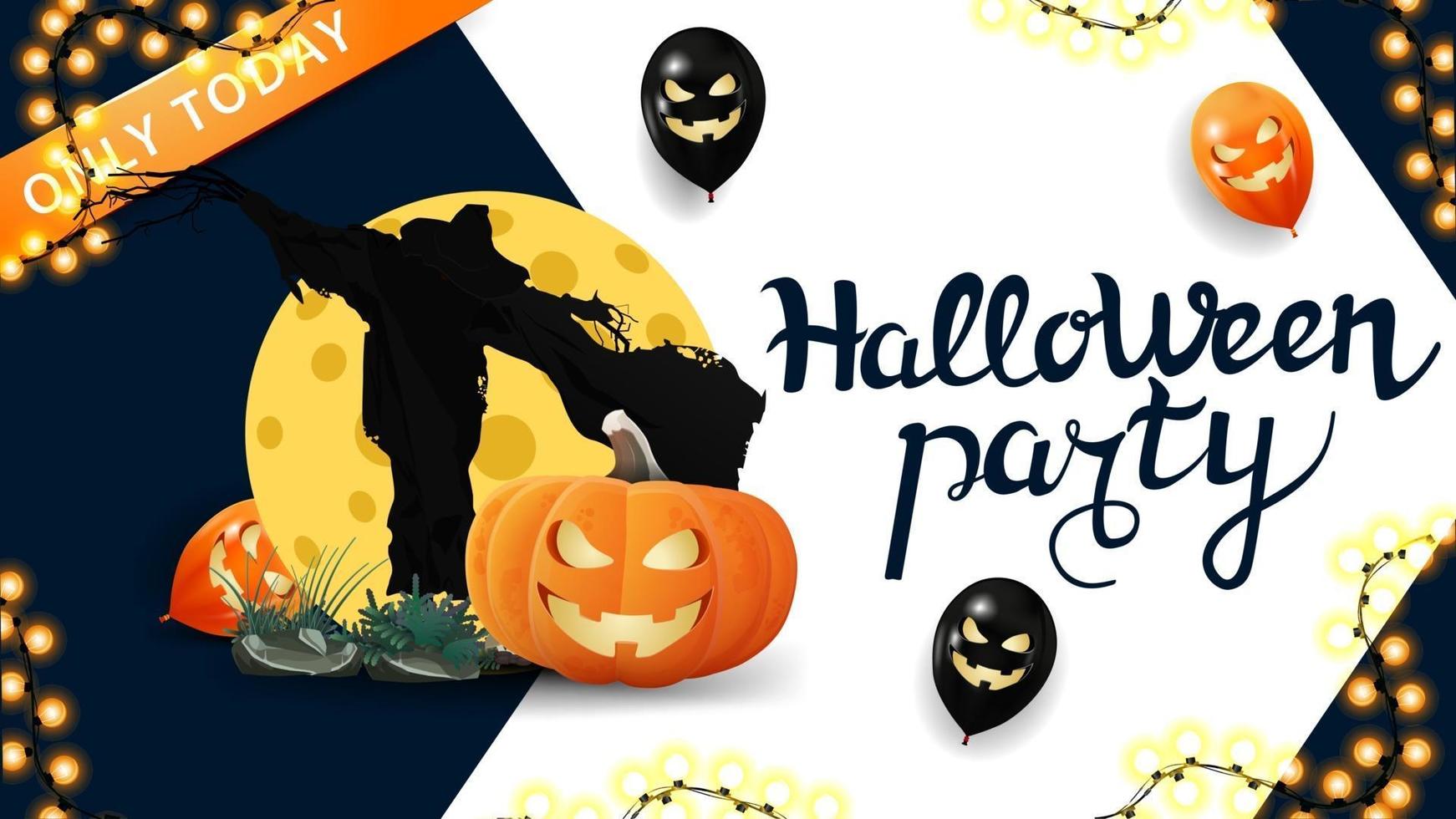 Happy Halloween, trick or treat, modern grreting postcard for your website with big arrow on background, pumpkin Jack and witch's potion vector