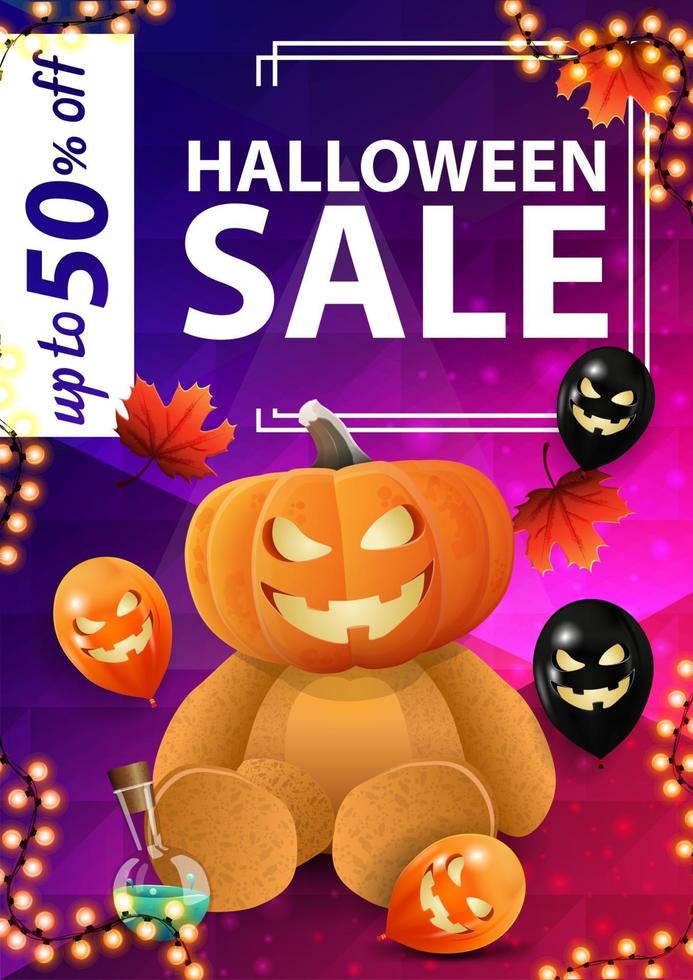 Halloween sale, up to 50 off, vertical discount banner with bright neon texture, Halloween balloons and Teddy bear with Jack pumpkin head vector