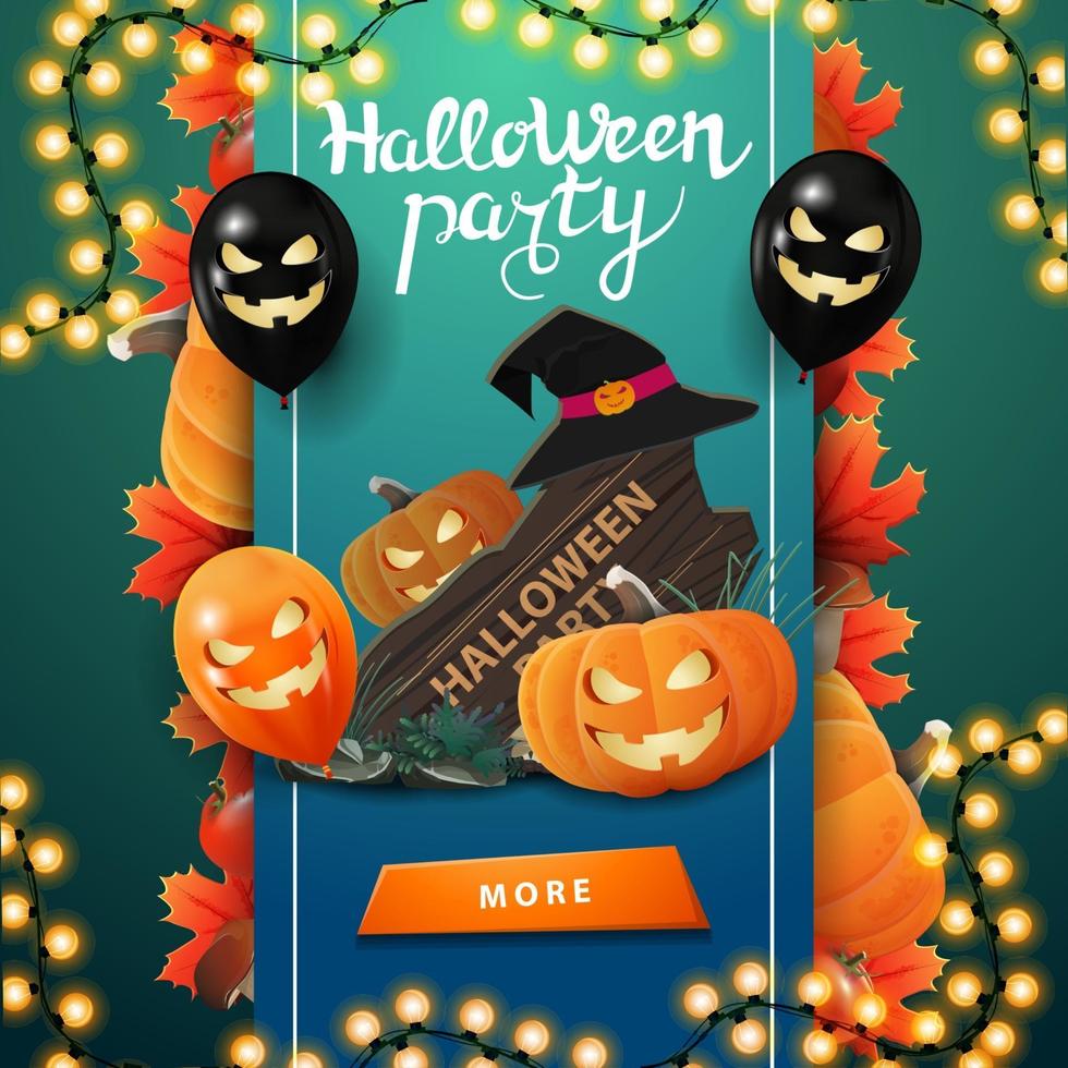 fiesta de halloween, banner de invitación cuadrado verde para sitio web con botón, globos de halloween, letrero de madera, sombrero de bruja y gato de calabaza vector