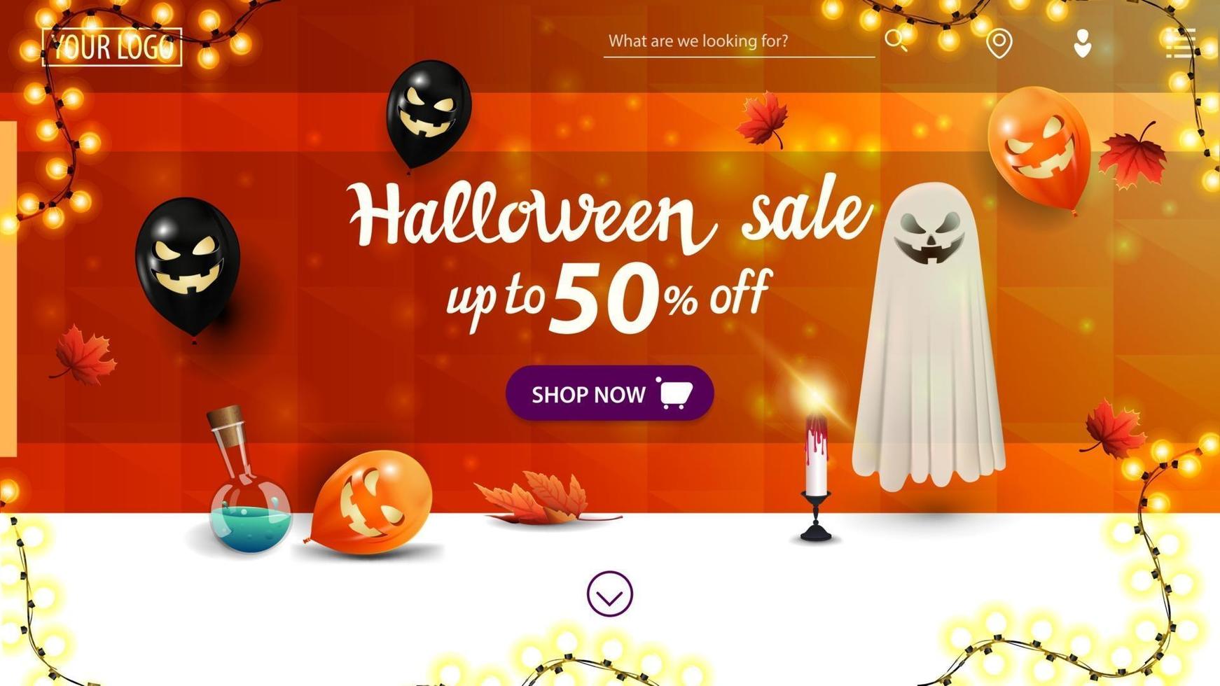 Halloween sale, up to 50 off, horizontal discount banner for homepage website with orange polygonal texture, Halloween balloons, garland, autumn leafs, ghost and poison in flask vector