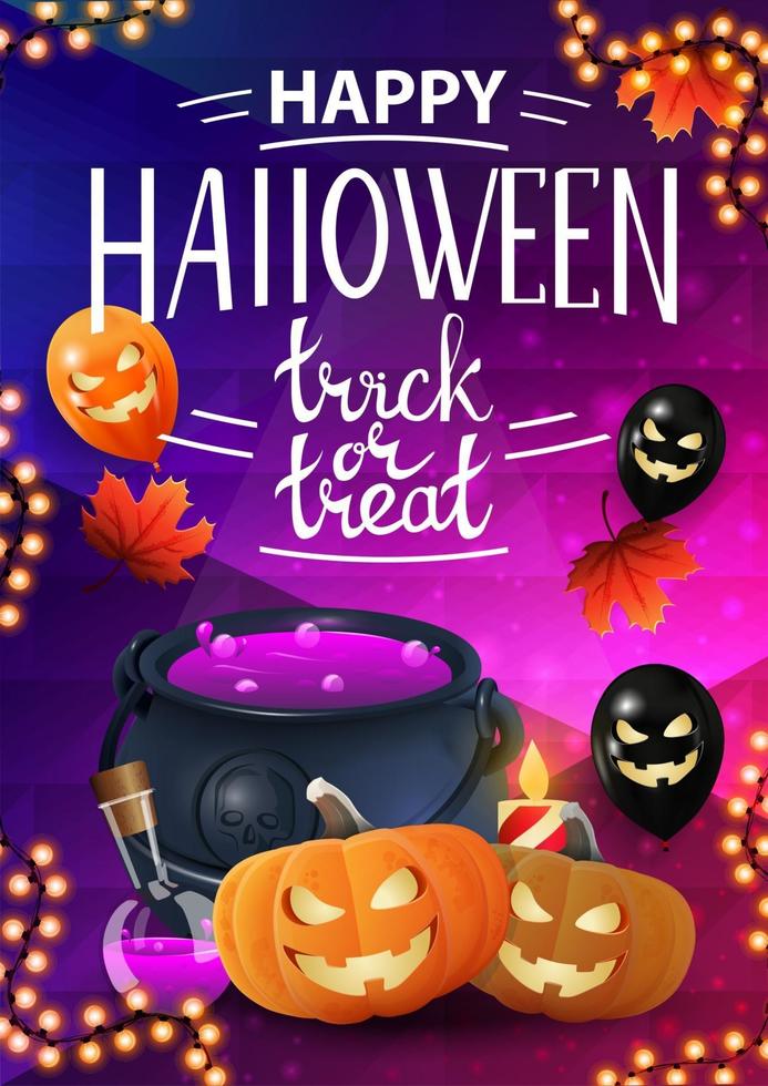 Happy Halloween, trick or treat, vertical greeting poster with bright neon texture, Halloween balloons, witch's cauldron and pumpkin Jack vector
