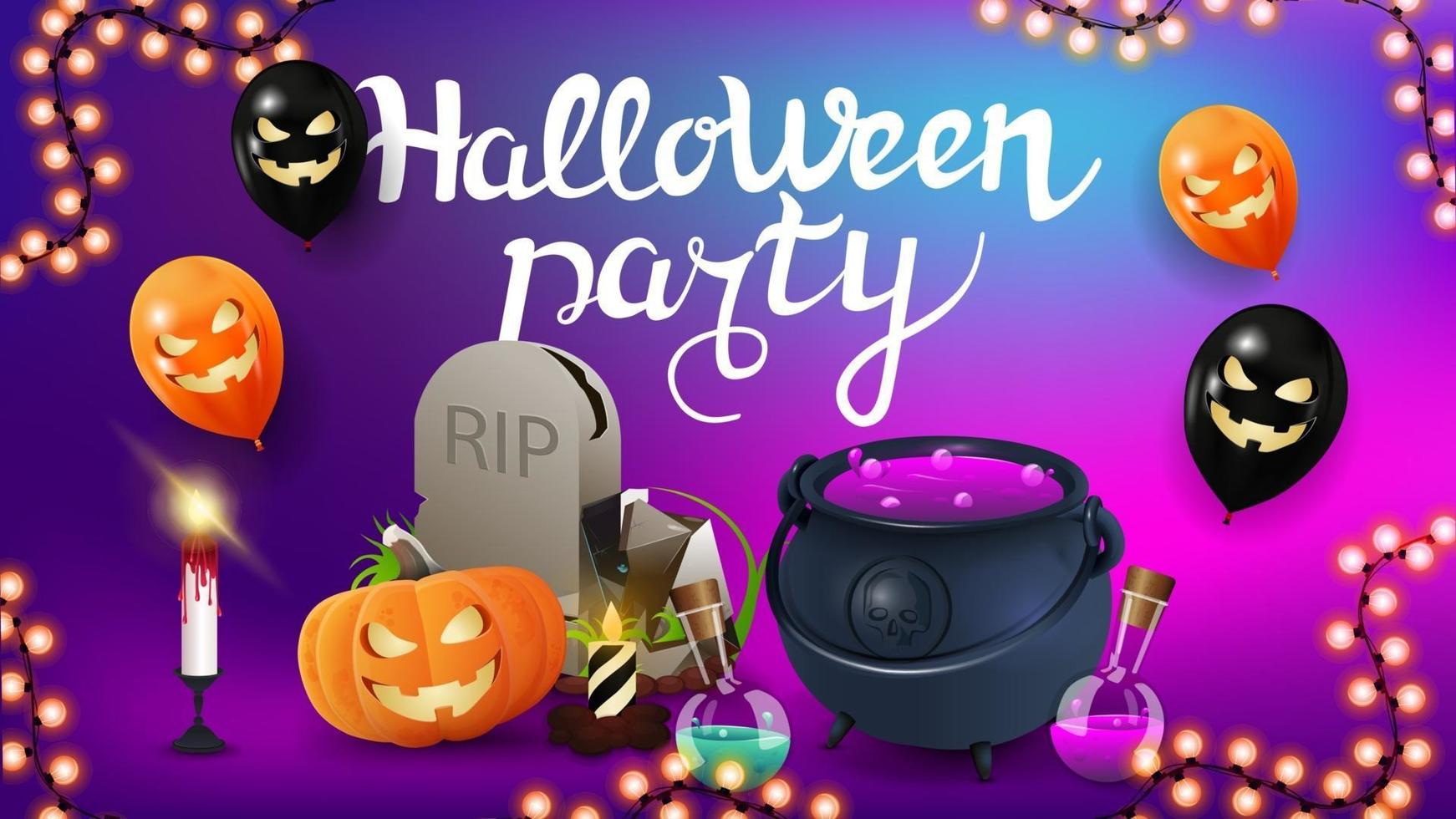 fiesta de halloween, tarjeta de invitación horizontal con fondo borroso, globos de halloween, guirnalda, caldero de brujas con poción, lápida y calabaza vector