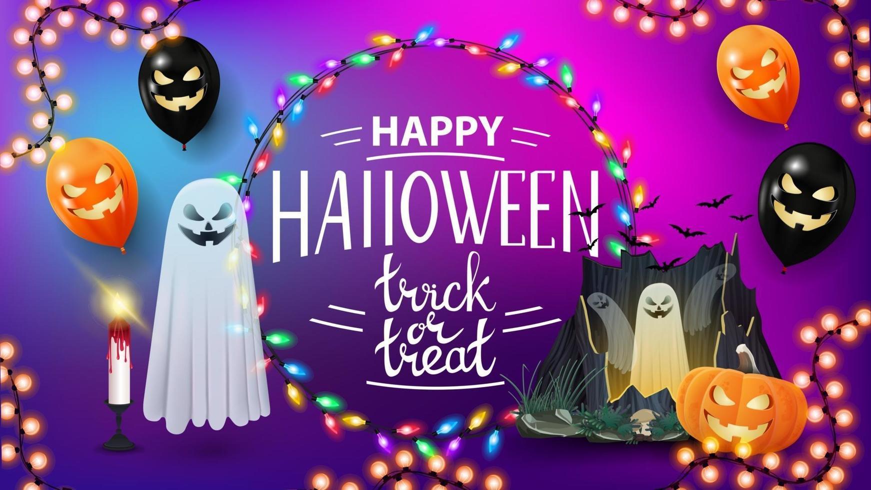 feliz halloween, truco o trato, cartel de saludo con fondo borroso, globos de halloween, guirnalda, fantasma y calabaza vector