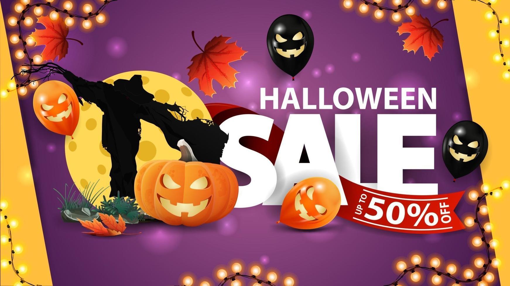 Halloween sale, up to 50 off. purple discount banner with autumn leafs, Halloween balloons, garland, large letters with ribbon, Scarecrow and pumpkin Jack against the moon vector