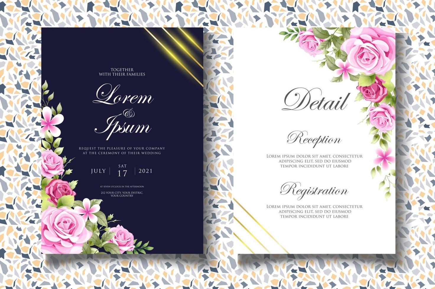 tarjeta de invitación de boda floral de dibujo a mano de lujo vector