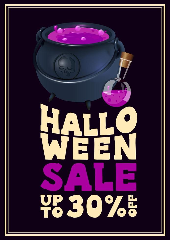 venta de halloween, hasta 30 de descuento, cartel de estilo tipográfico vertical de descuento con caldero de bruja con poción vector