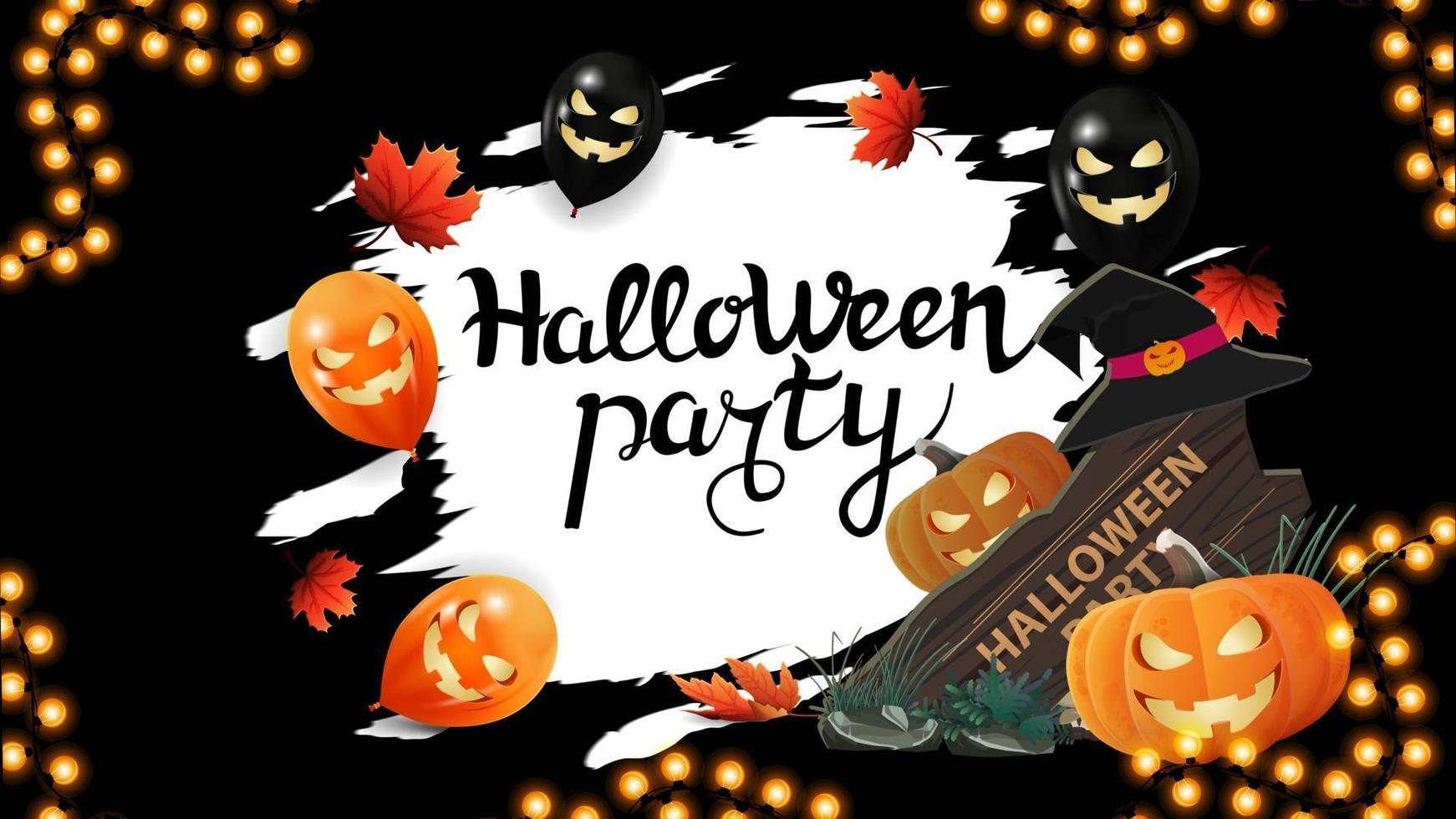 Halloween party, dark Halloween poster with Halloween balloons, autumn leafs, garland, wooden sign and pumpkin Jack vector