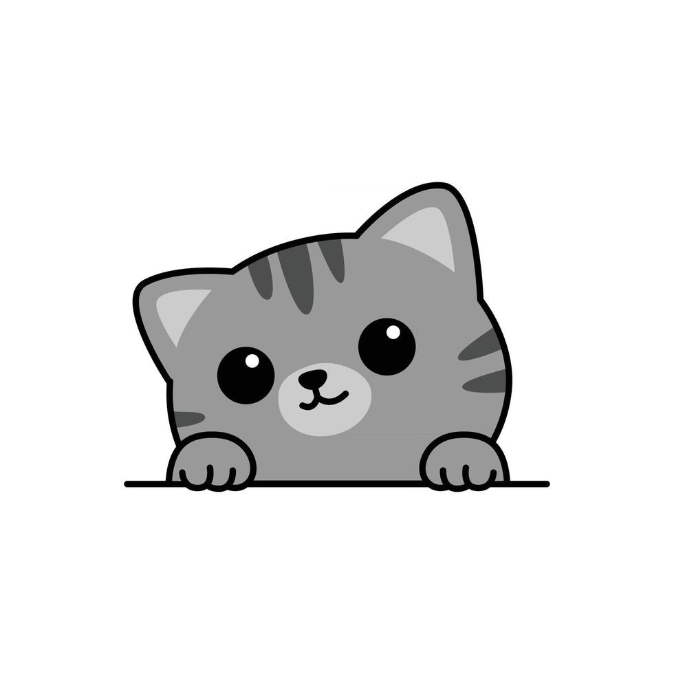 Cute gray cat paws up over wall cartoon, vector illustration