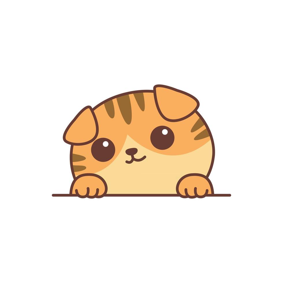 Cute orange scottish fold cat paws up over wall cartoon, vector illustration