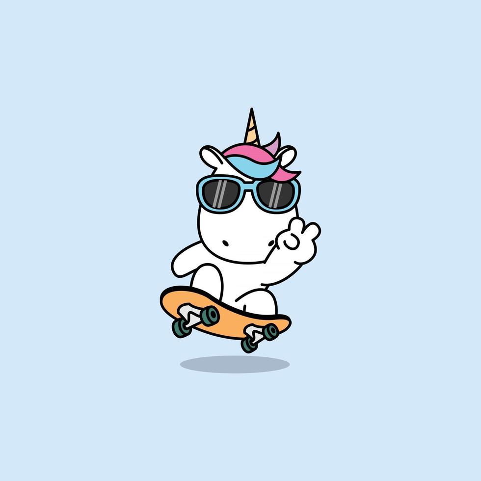 lindo, unicornio, juego, patineta, caricatura, vector, ilustración vector