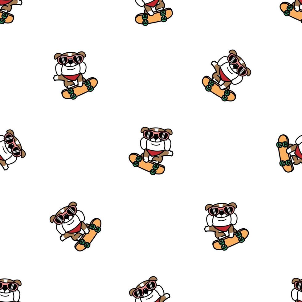 Cute bulldog dog playing skateboard cartoon seamless pattern, vector illustration