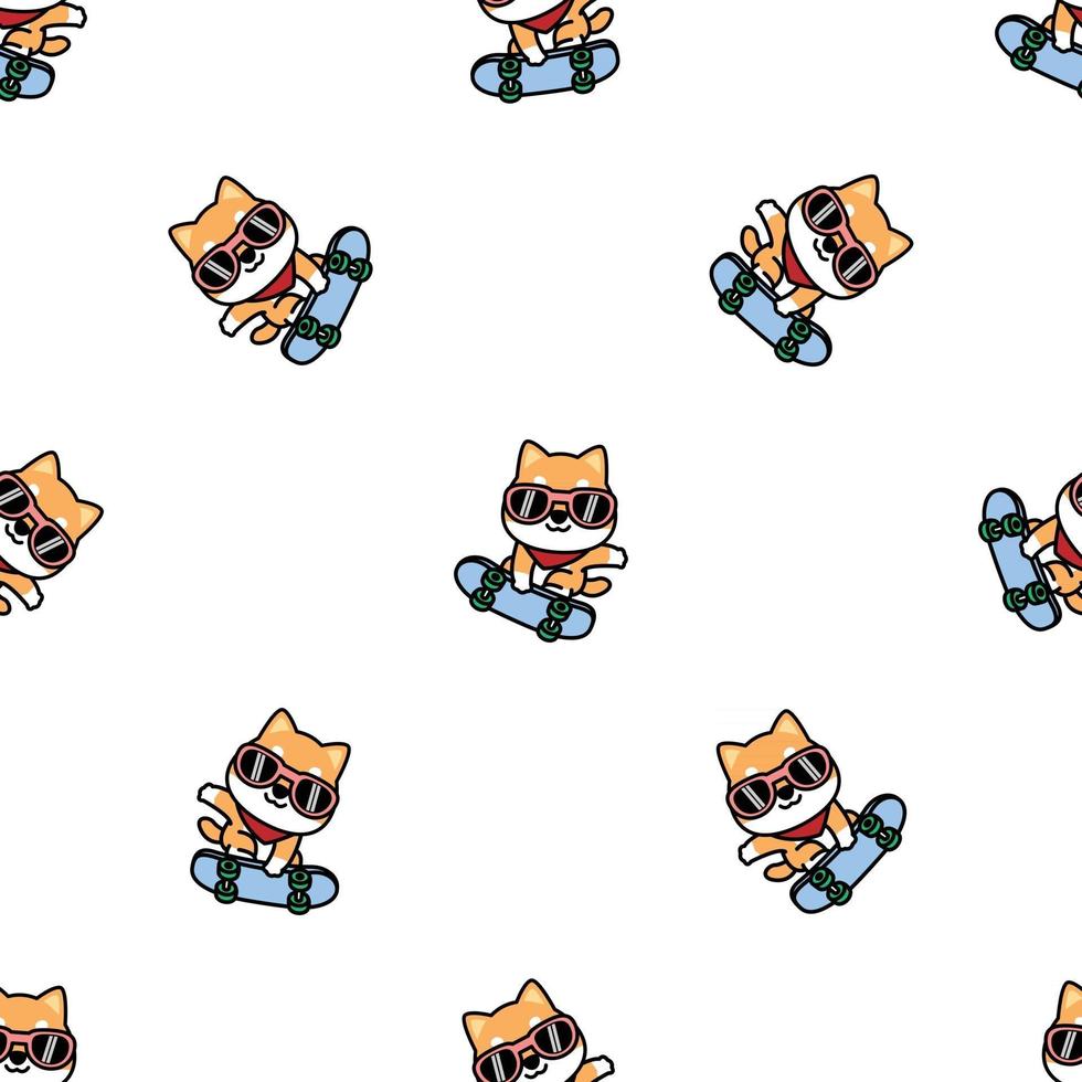 Cute shiba inu dog playing skateboard cartoon seamless pattern, vector illustration