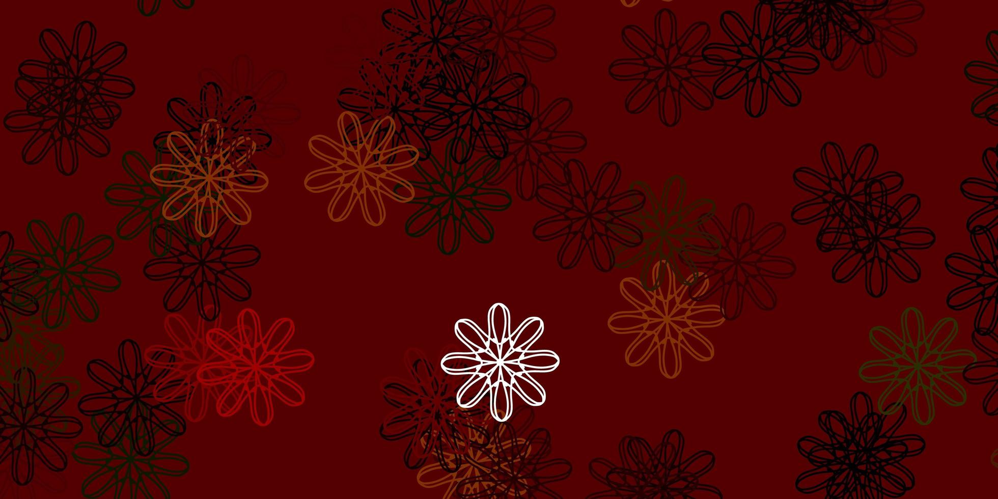 patrón de doodle de vector verde claro, rojo con flores.
