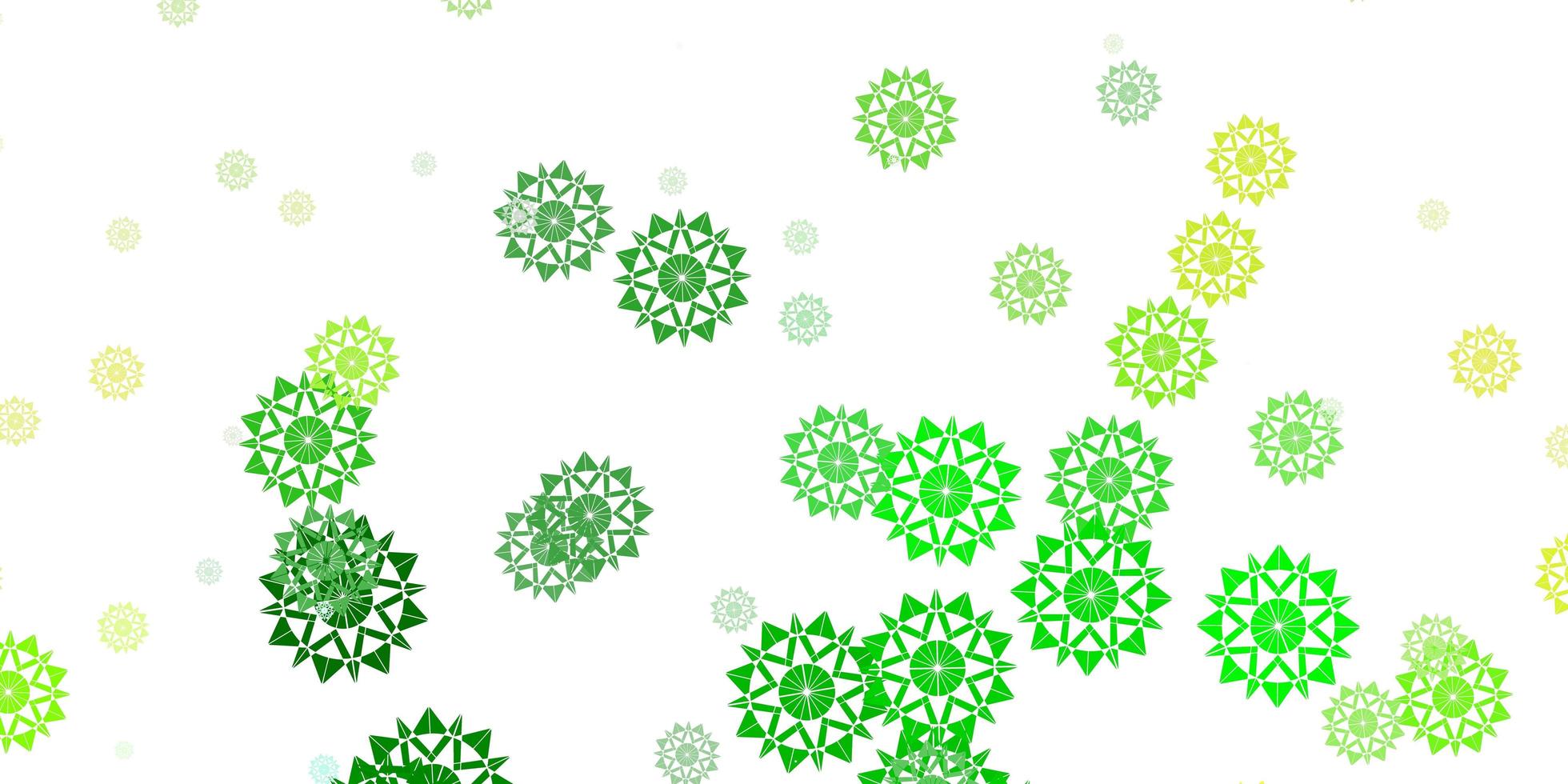 Fondo de vector verde claro, amarillo con copos de nieve de Navidad.