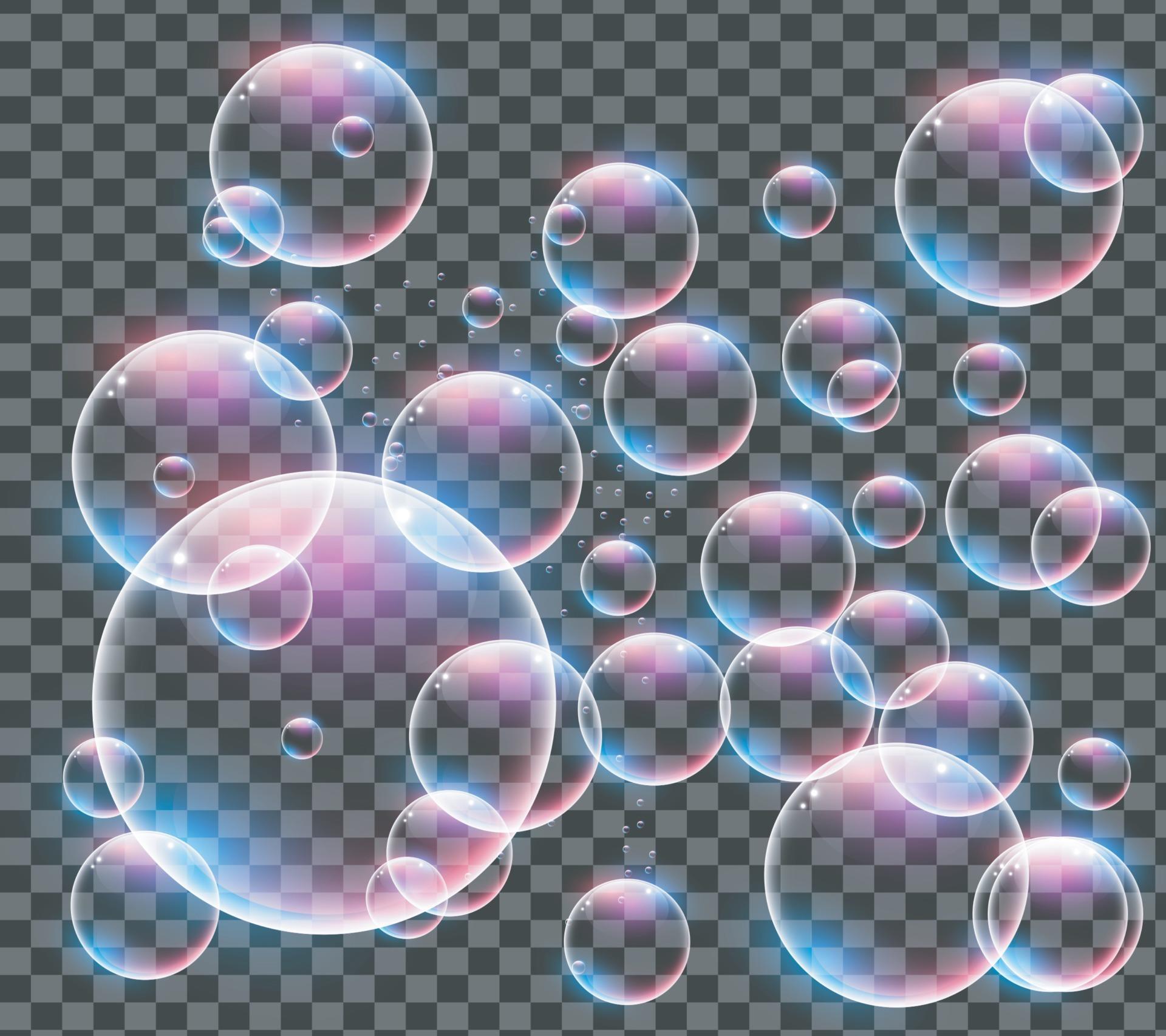 Realistic soap bubbles with rainbow reflection isolated on transparent