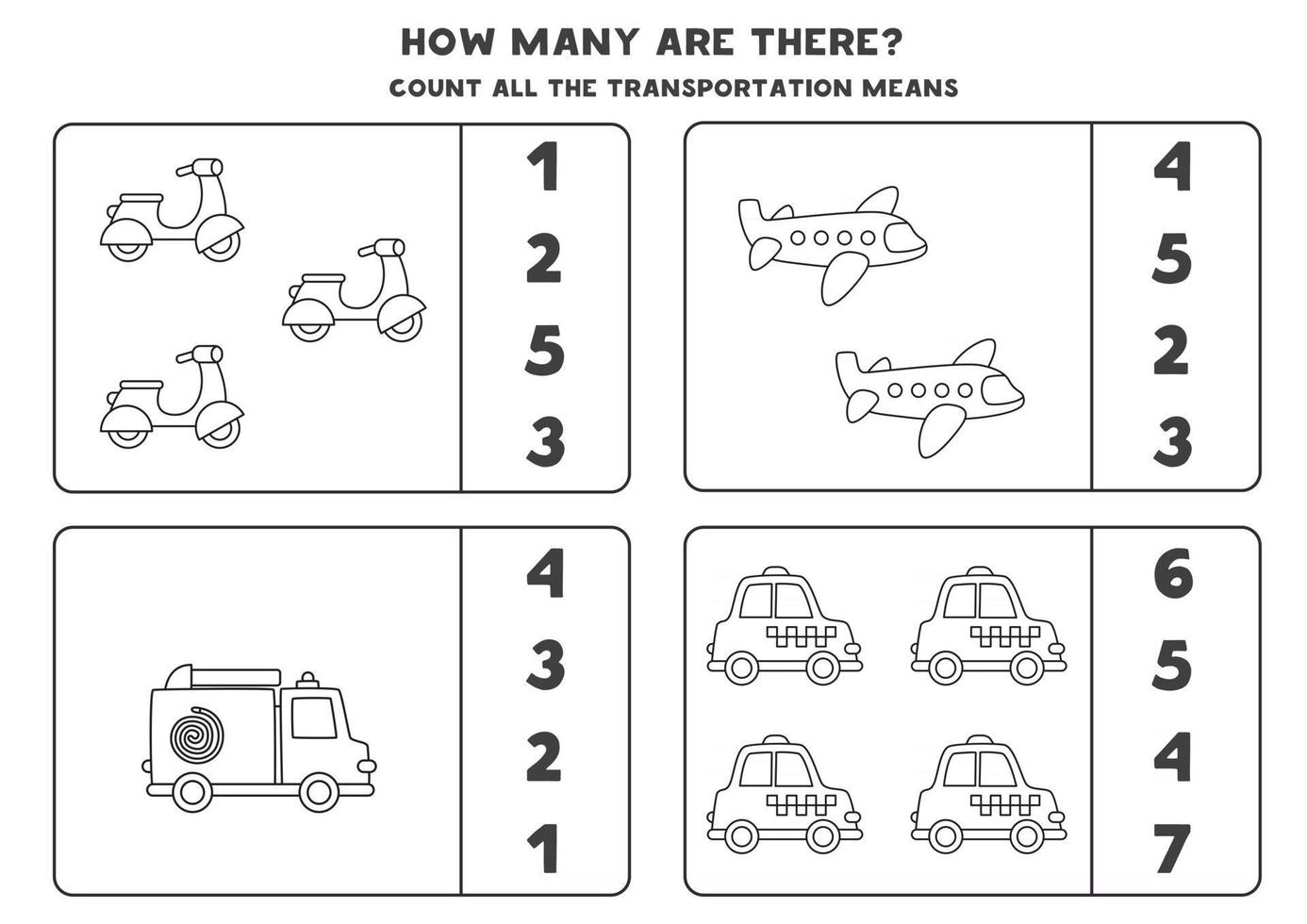 Counting game with transportation means. Math worksheet. vector