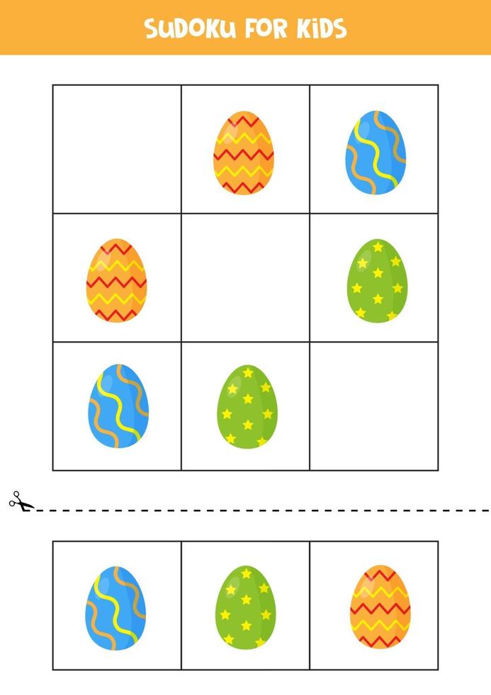 Sudoku game for kids with cartoon Easter eggs. vector