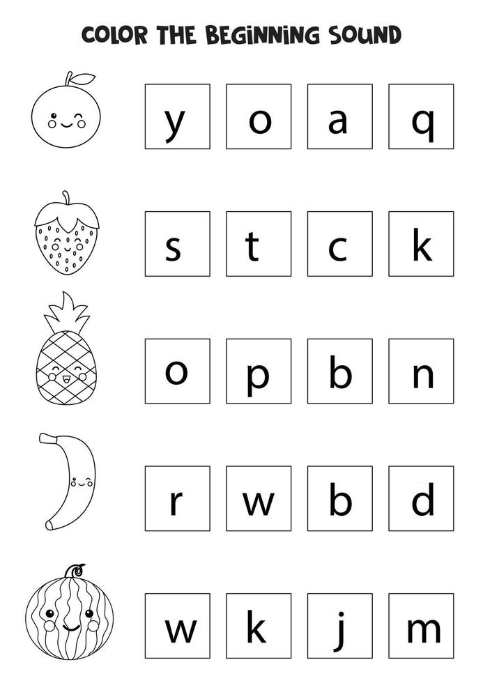 Learning English language for children. Color the beginning sound. vector