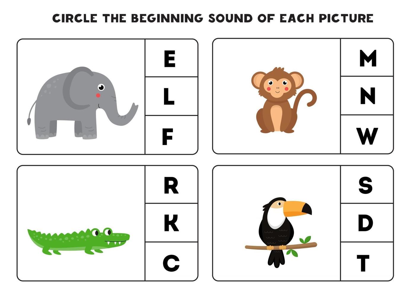 Worksheet for kids. Find the beginning sound. Cartoon animals. vector