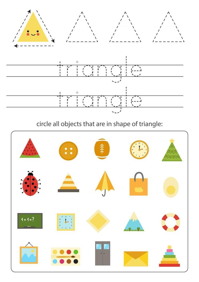 Learning basic geometric form for children. Find triangle objects. vector