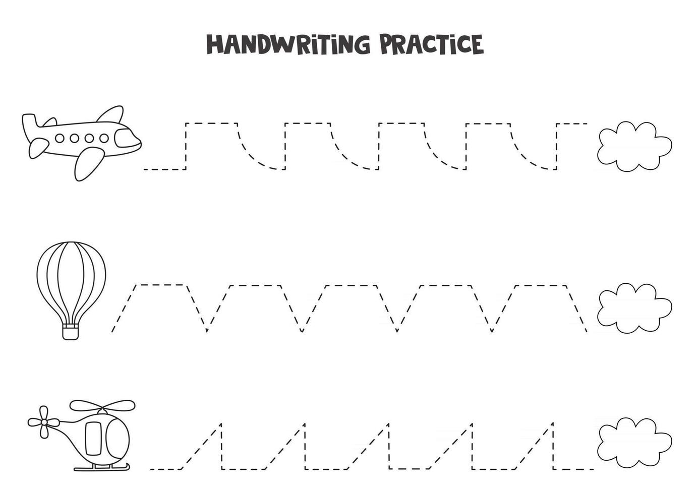 Tracing lines with black and white air transport. Writing practice. vector