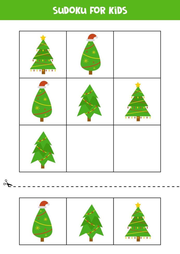 juego de sudoku para niños con árboles de navidad de dibujos animados. vector