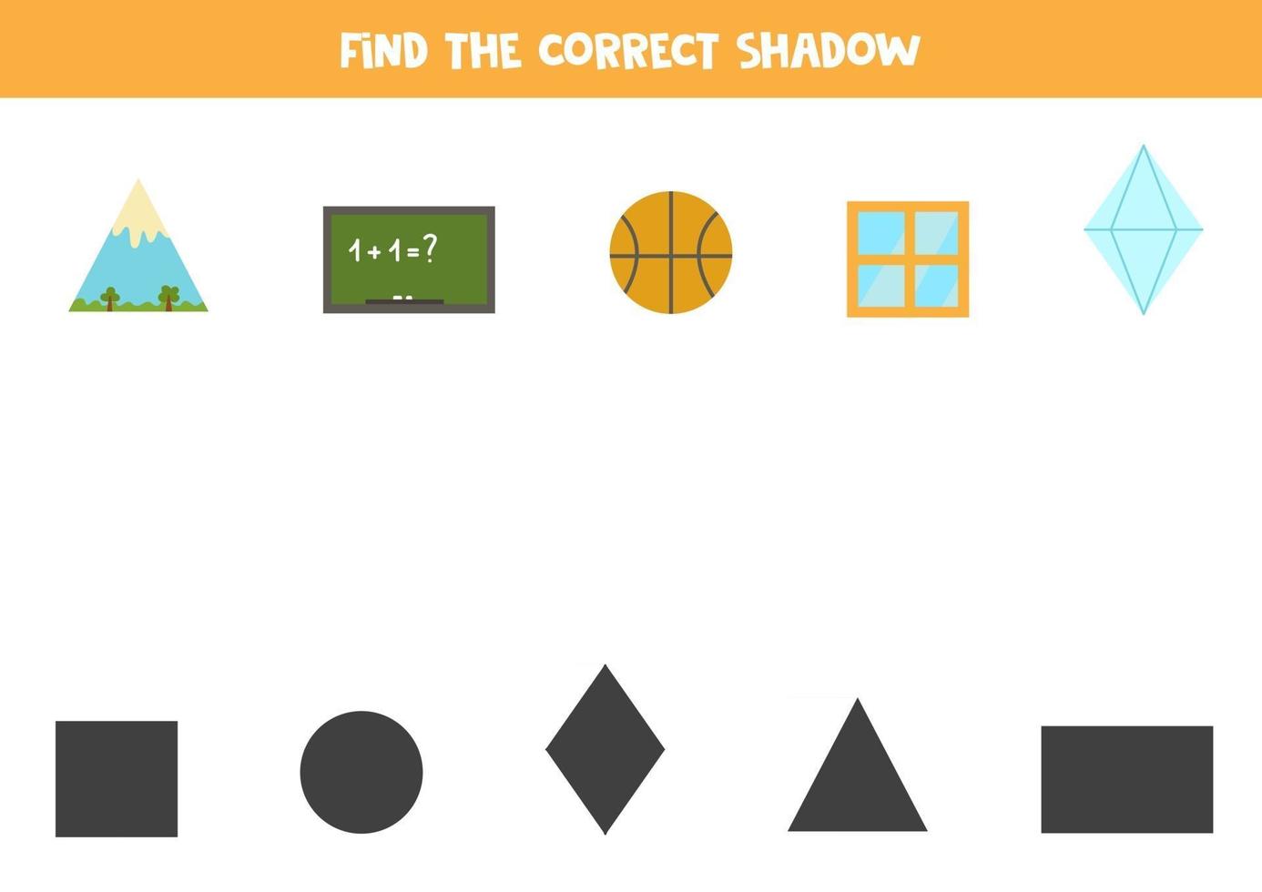 encontrar las sombras correctas de los objetos geométricos. rompecabezas lógico para niños. vector