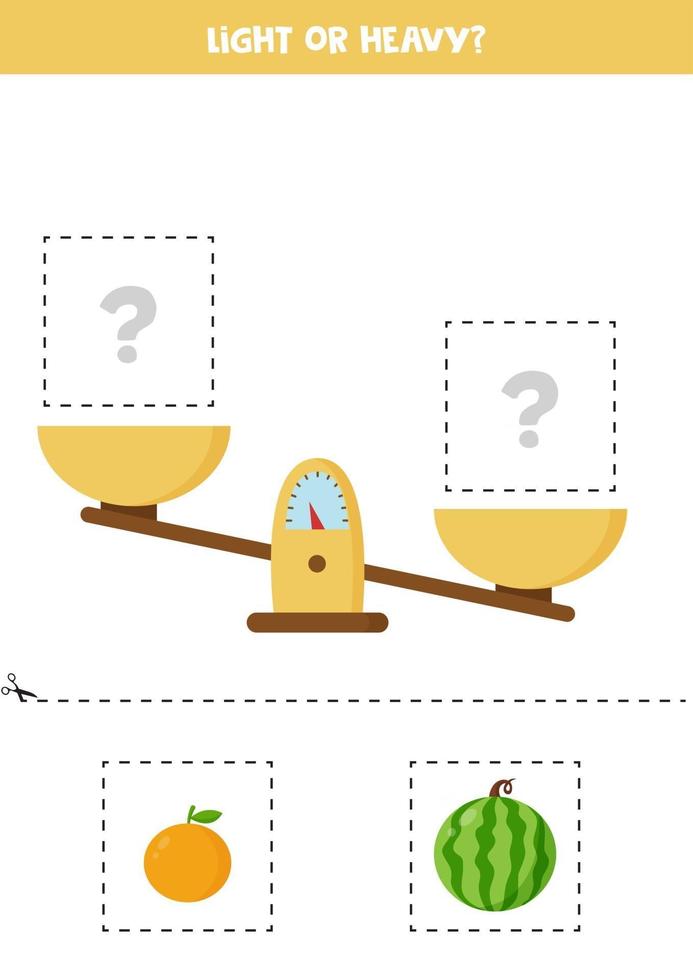 Light or heavy. Cut pictures below and glue to the right box. vector