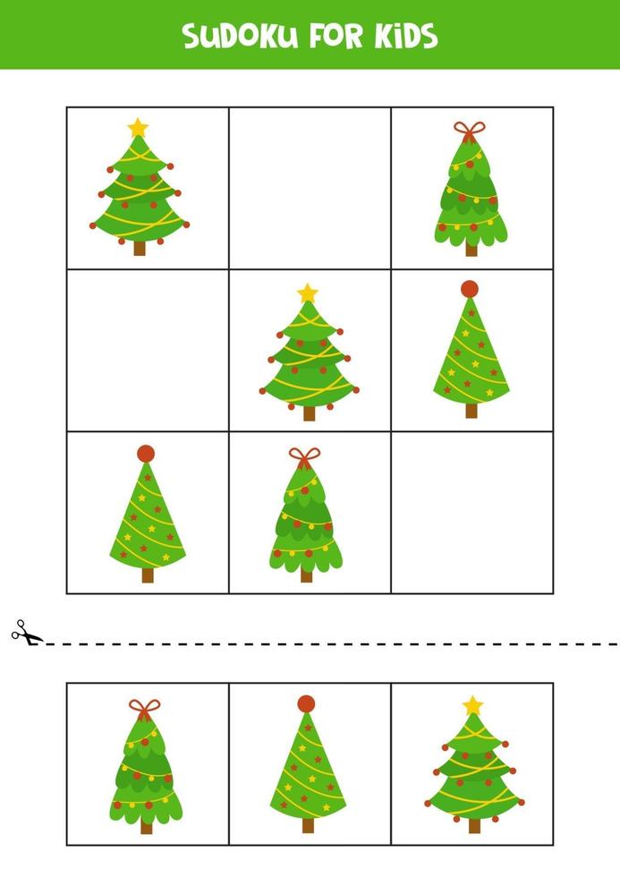 juego de sudoku para niños con árboles de navidad de dibujos animados. vector