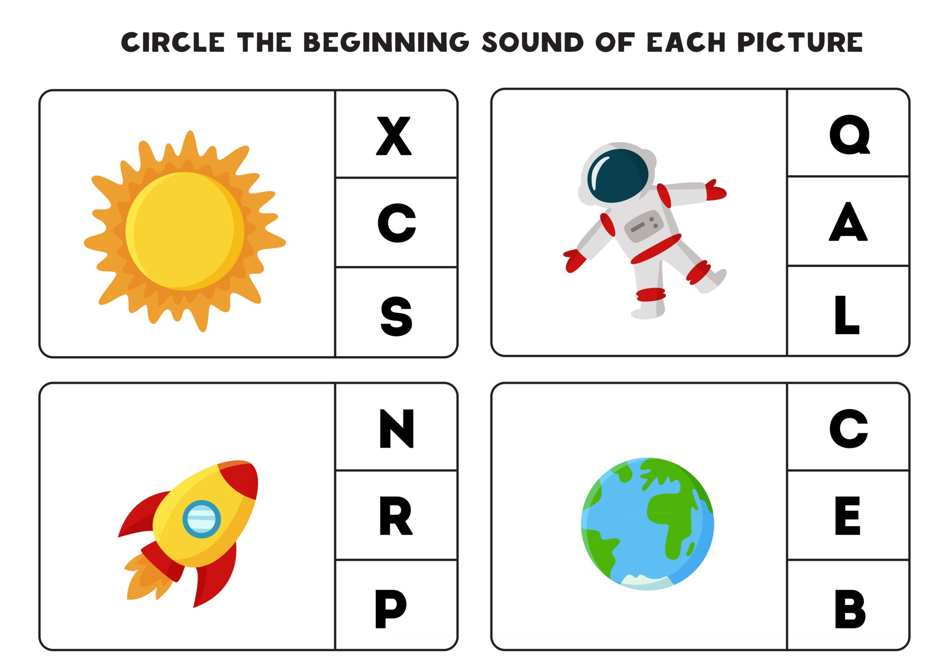 Worksheet for kids. Find the beginning sound. Space. 2788441 Vector Art