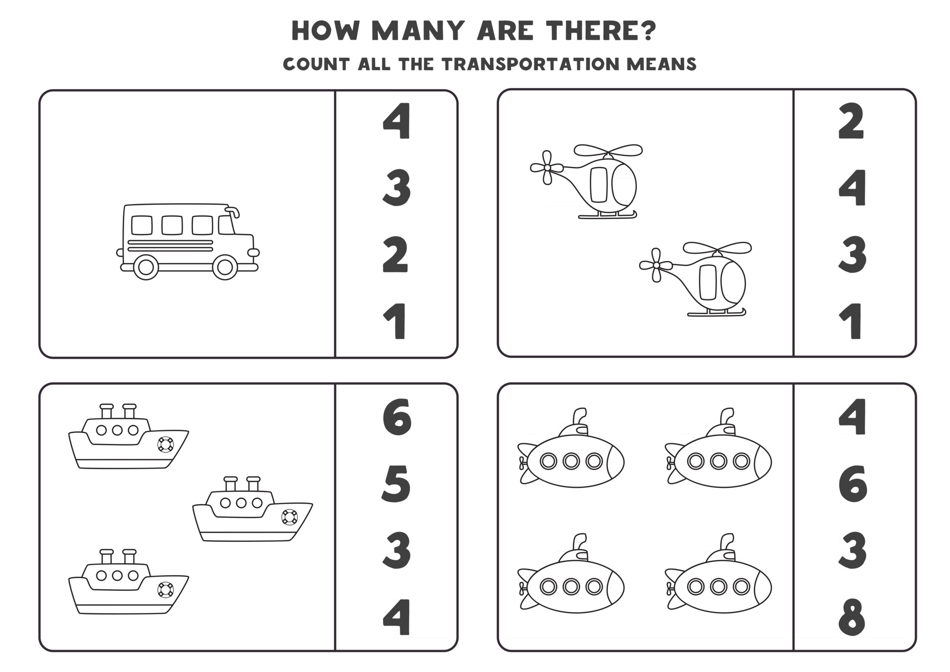 Counting game with transportation means. Math worksheet. 2788442 Vector
