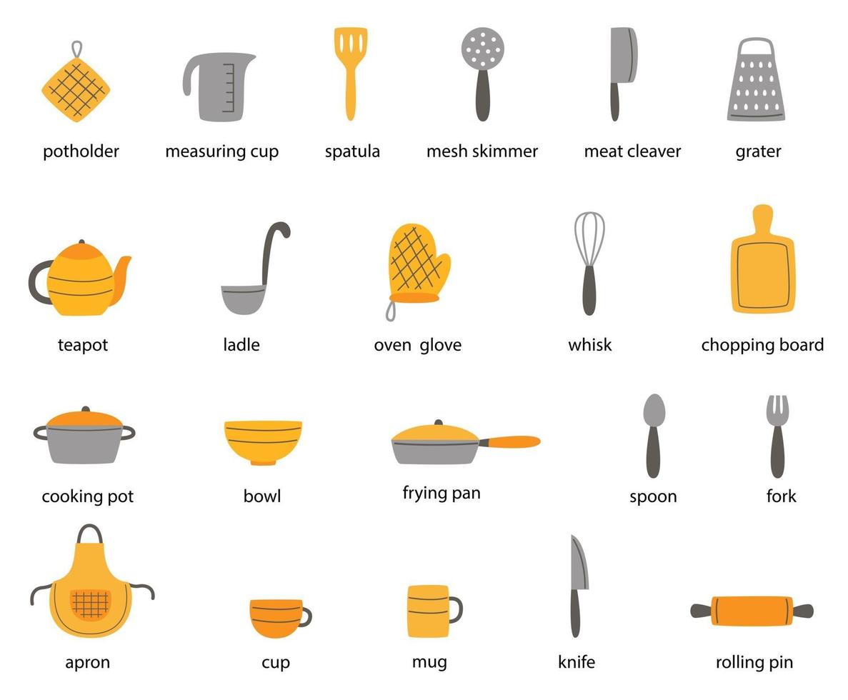 juego de utensilios de cocina con nombres. ilustraciones vectoriales. vector