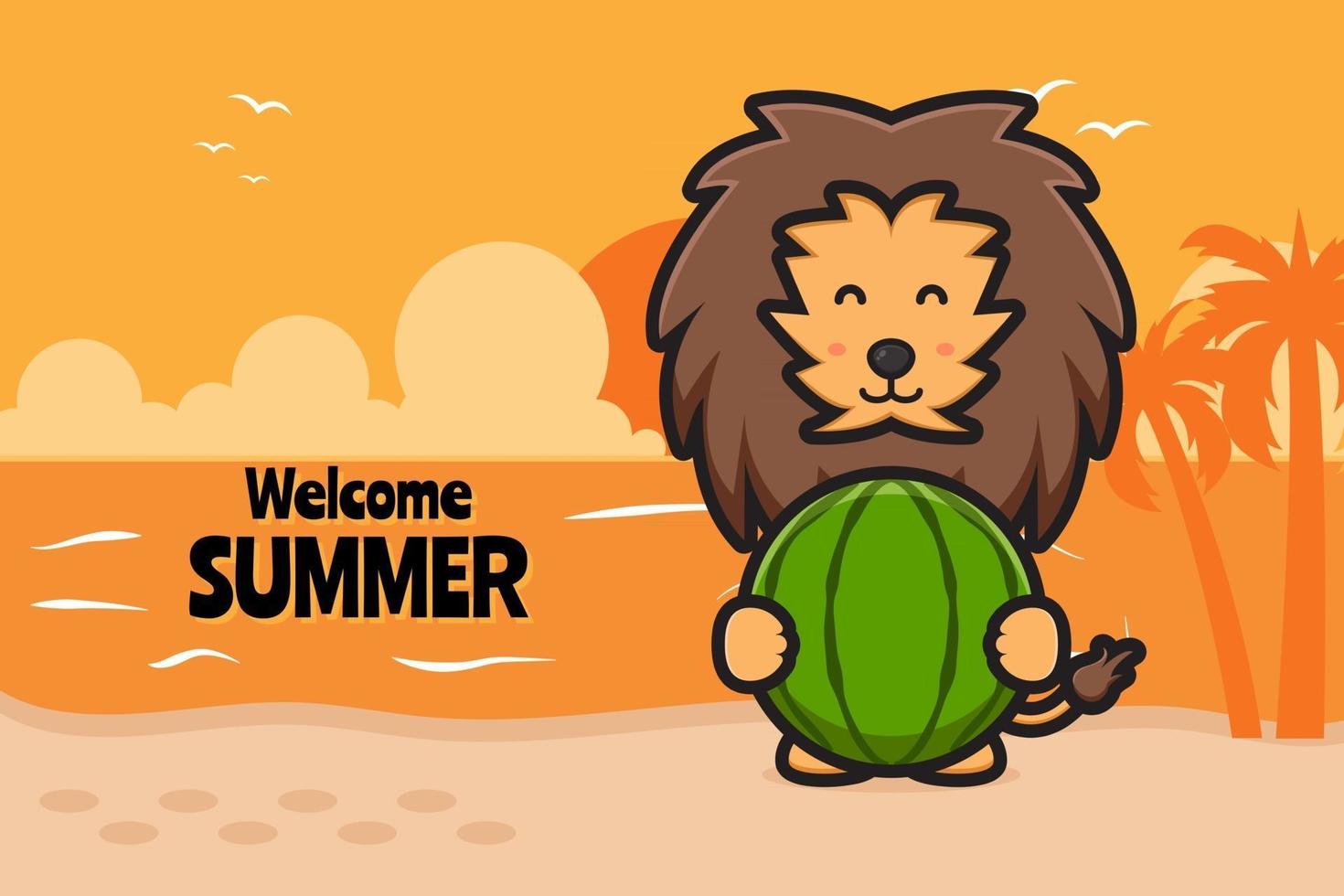 Lindo león sosteniendo sandía con una ilustración de icono de vector de dibujos animados de banner de saludo de verano