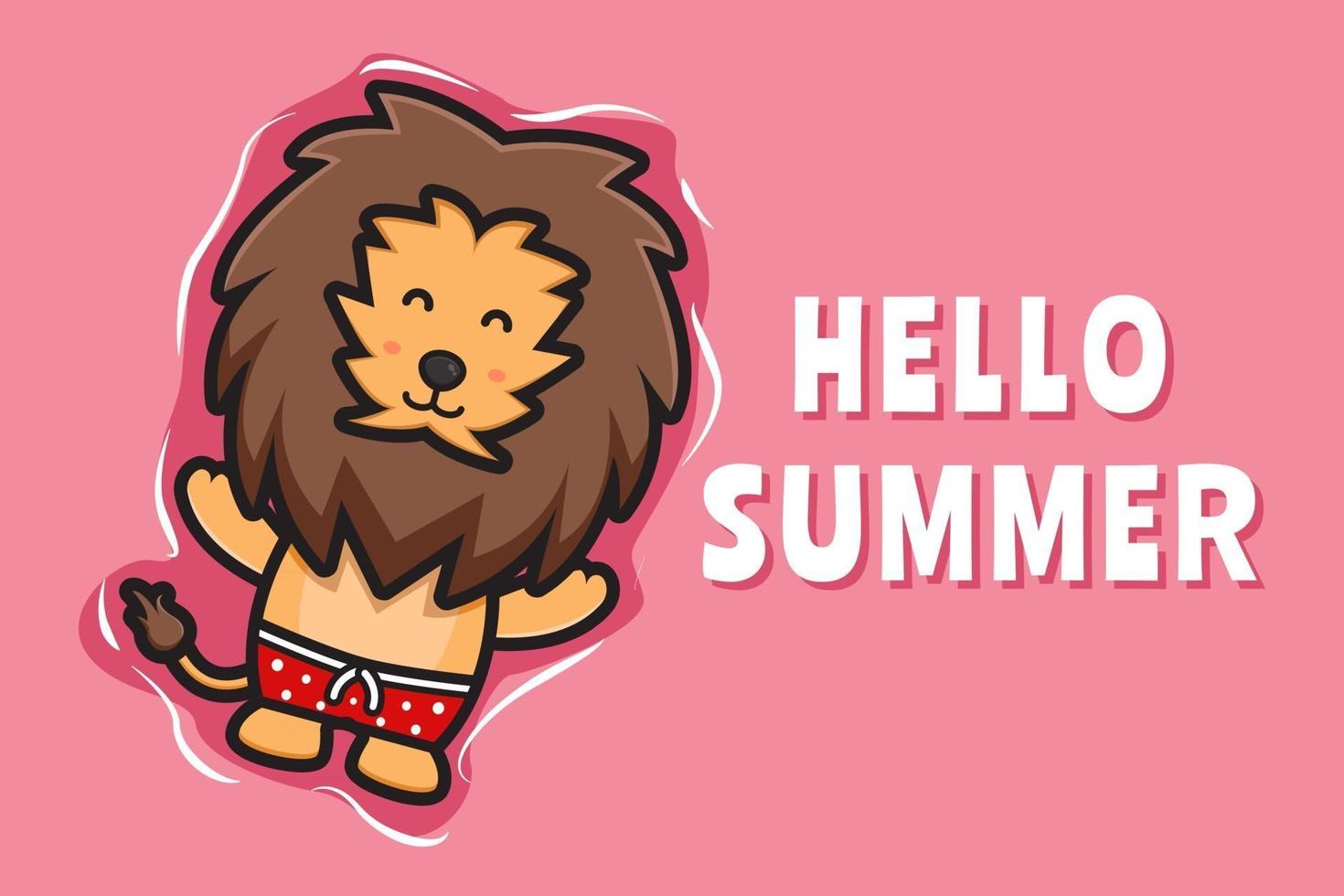 Cute lion floating relaxes with a summer greeting banner cartoon vector icon illustration