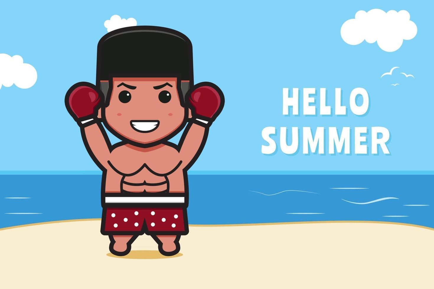 Cute boxer with a summer greeting banner cartoon vector icon illustration