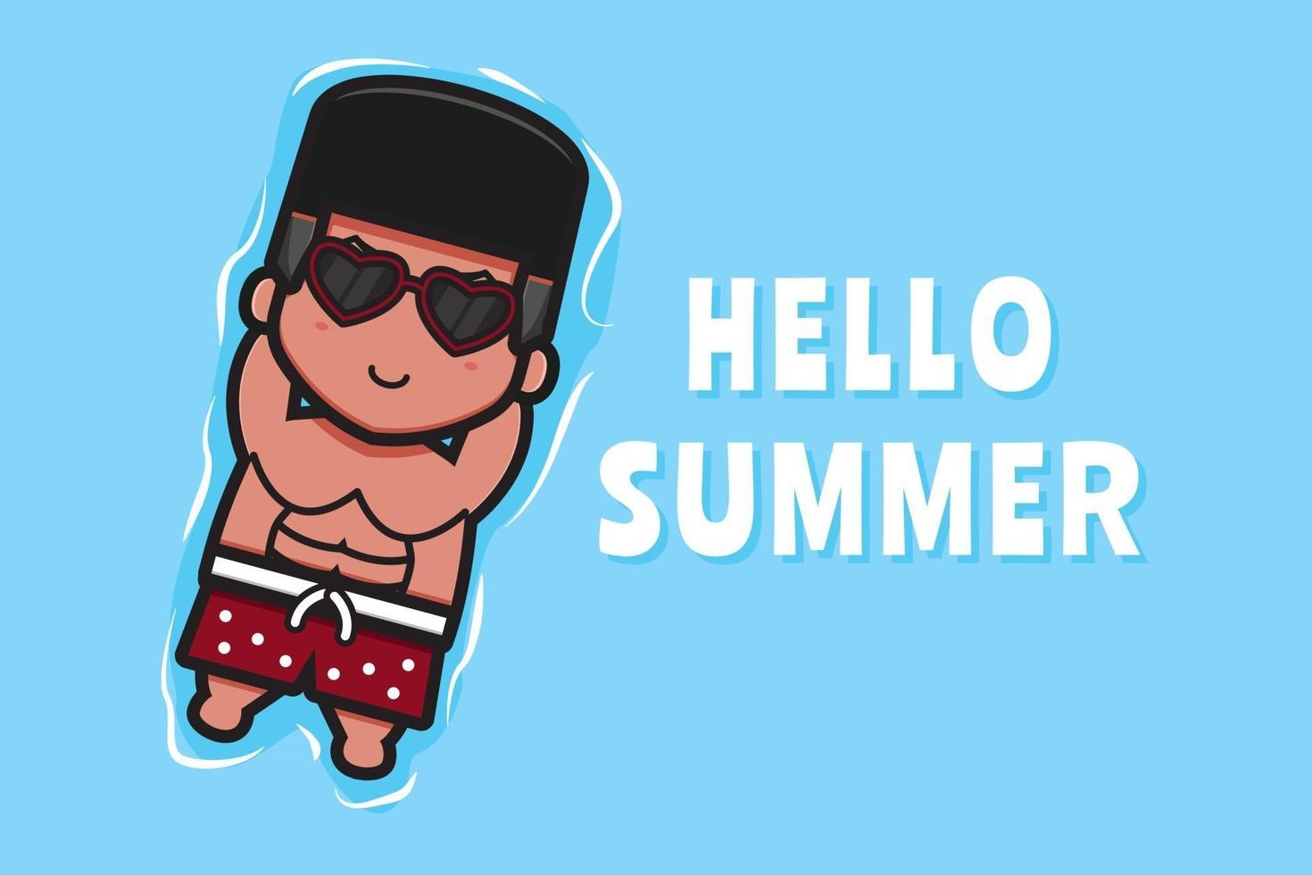 Cute boy floating relaxes with a summer greeting banner cartoon vector icon illustration