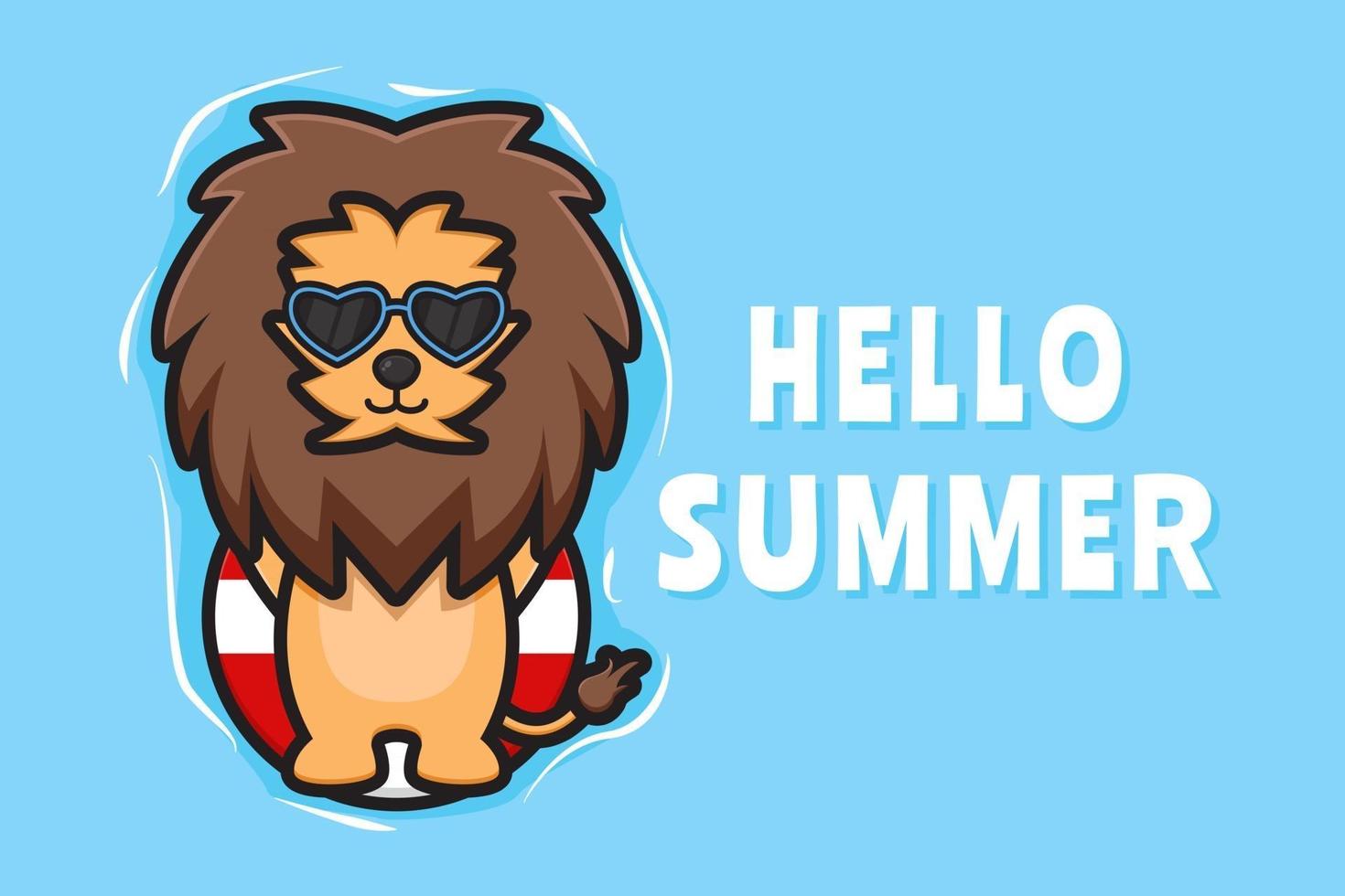 Cute lion floating relaxes with a summer greeting banner cartoon vector icon illustration