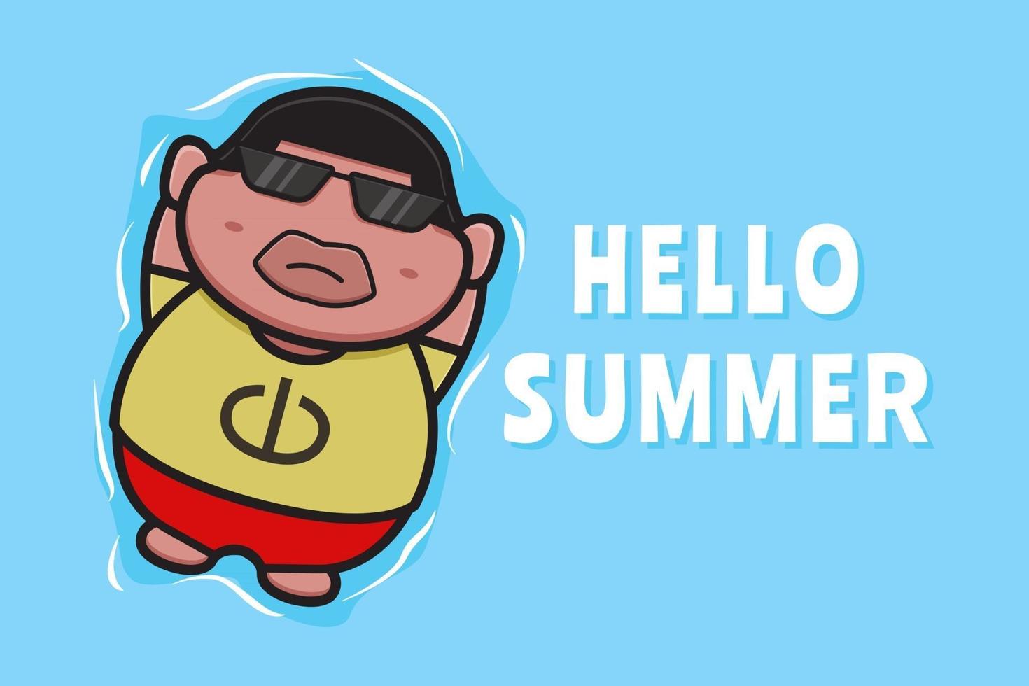 Cute fat boy floating relaxes with a summer greeting banner cartoon vector icon illustration