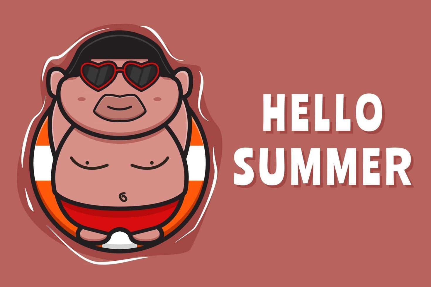 Cute fat boy floating relaxes with a swimming ring summer greeting banner cartoon vector icon illustration