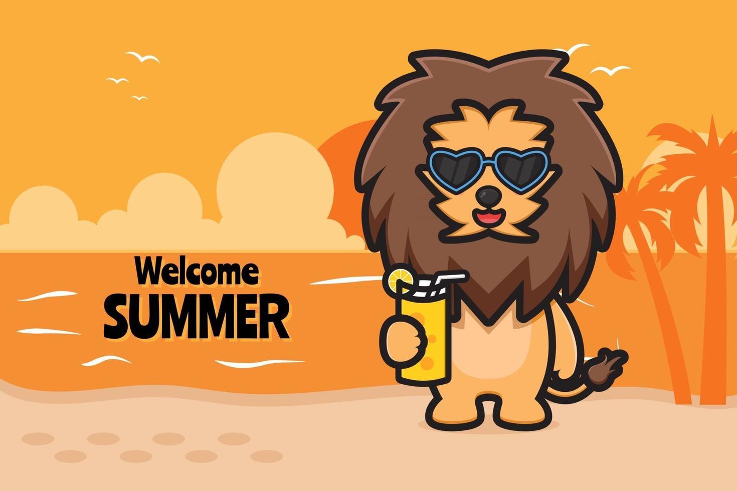 Cute lion holding orange juice with a summer greeting banner cartoon vector icon illustration