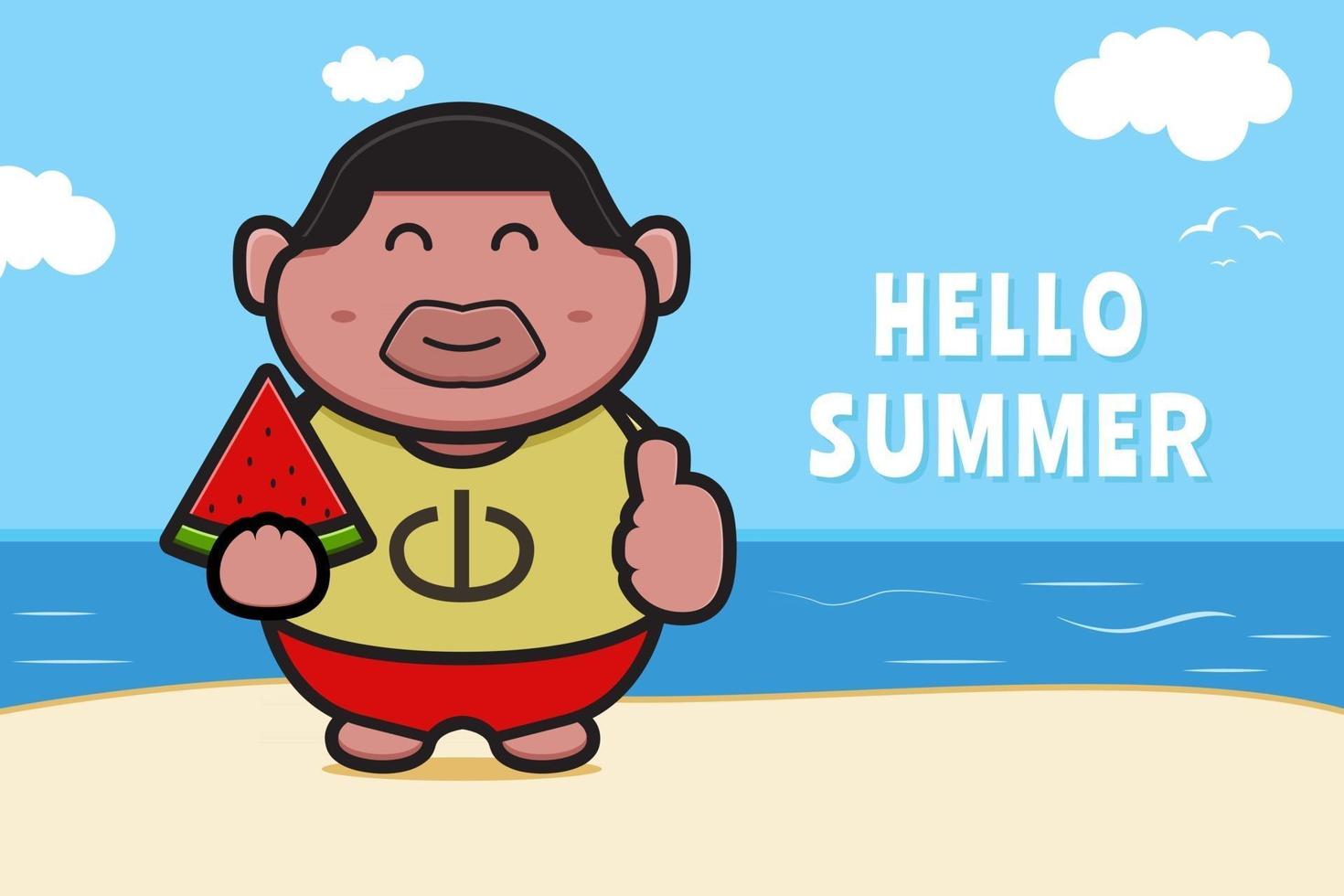 Chico gordo lindo sosteniendo sandía con una ilustración de icono de vector de dibujos animados de banner de saludo de verano
