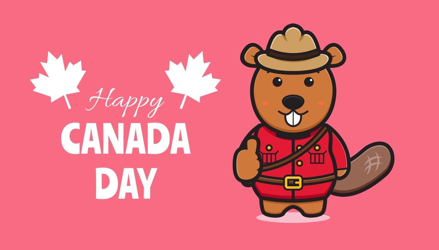 Cute beaver character celebrated Canada Day cartoon vector icon illustration